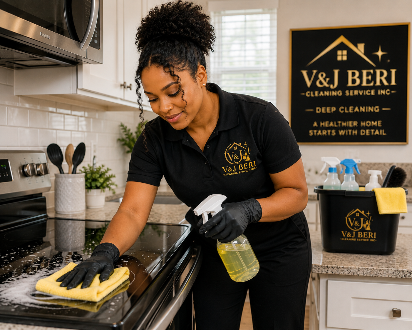 V&J BERI cleaner wiping a kitchen cooktop
