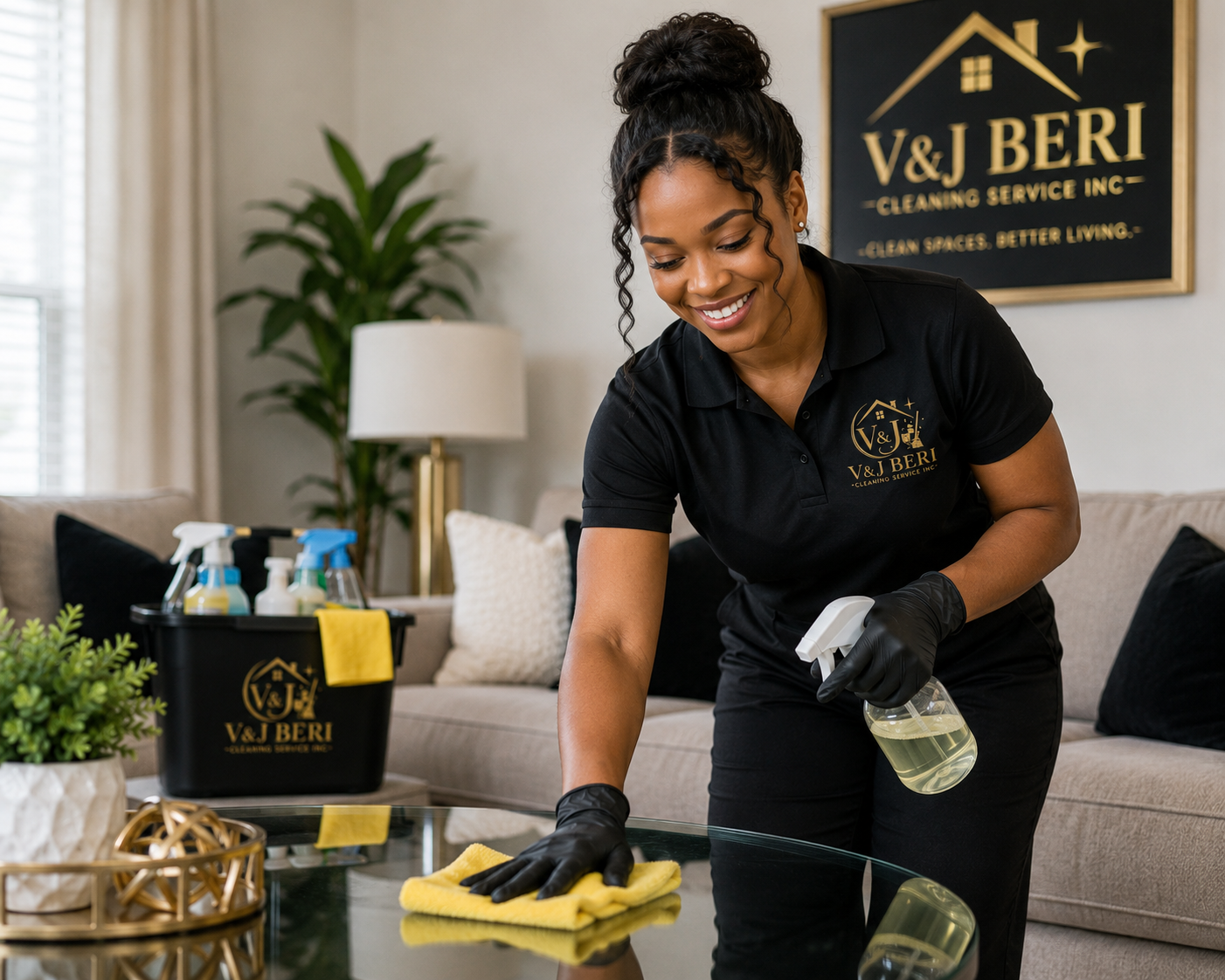 V&J BERI cleaner polishing a living room table