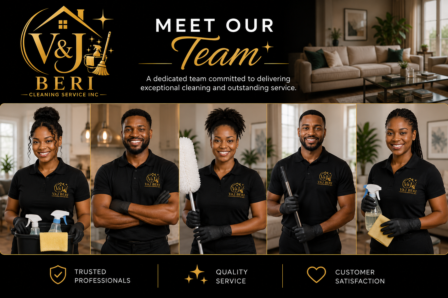 Meet the V&J BERI cleaning team in branded black uniforms